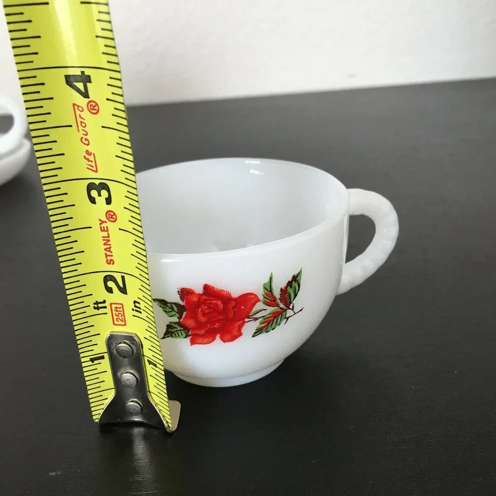 2 Vintage White Milk Glass Scalloped Plates & Tea Cup Snack Set Floral Red Roses